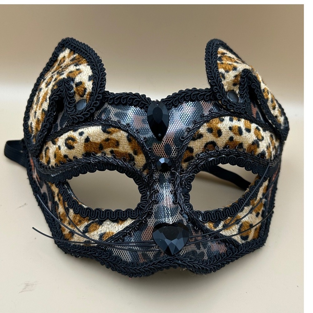 Leopard Print Cat Masquerade Mask Black Lace Gem Accents Costume Accessory